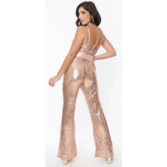 Unique Vintage 1970’s Rose Gold Rosegold Sequin Jumpsuit 1X 16 NWOT - Picture 3 of 5